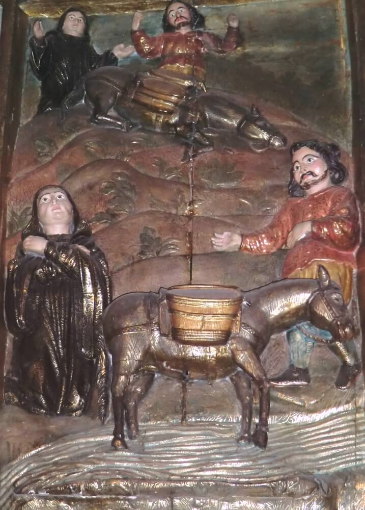 Llàtzer Tremullas: Schon bei der Überführung der Geneine von Abdo und Sennis quillt heilsame Flüssigkeit aus ihnen, 1647, Detail aus dem Altar in der Abdo und Sennis geweihten Kapelle in der Kirche in Arles-sur-Tech