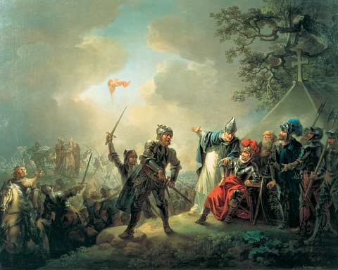 Christian August Lorentzen: Anders Suneson weist König Waldemar auf den am Himmel erscheinenden Dannebrog - die dänische Flagge - als Zeichen göttlichen Beistandes hin, 1809, Statens Museum for Kunst in Kopenhagen