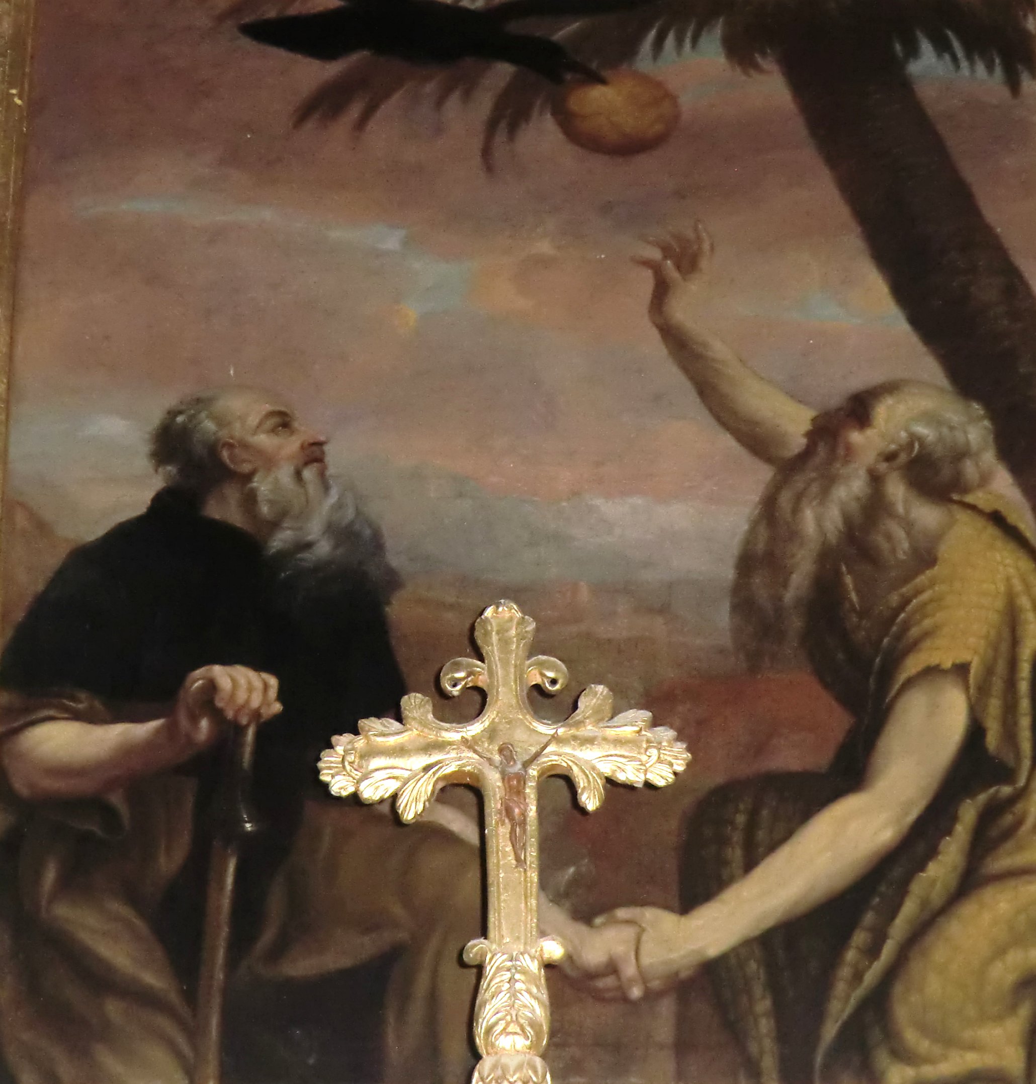 Altarbild: Antonius besucht den greisen Paulus von Theben, um 1600, in der Klosterkirche in St-Antoine-l'Abbaye