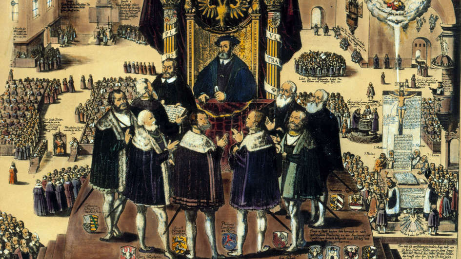 Johann Dürr: Die evangelischen Fürsten überreichen Kaiser Karl V. im Bischofspalast am Dom in Augsburg die Confessio Augustana, Kupferstich, 1630, in der Herzog August Bibliothek in Wolfenbüttel