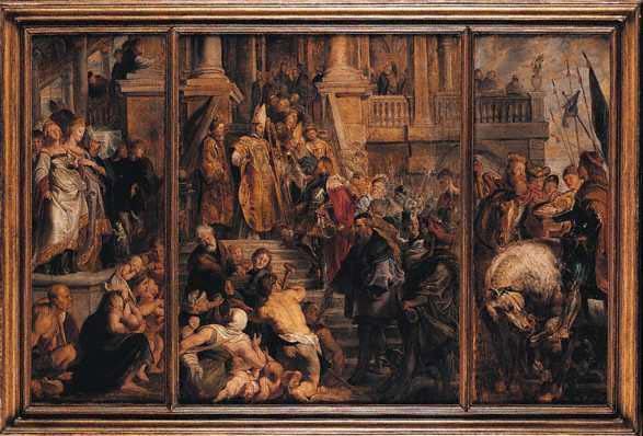 Peter Paul Rubens: Bavo wird zum Mönch eingekleidet, Entwurf für den Altar der Kathedrale St. Bavo in Ghent, vor 1612 oder 1616/23, heute in der National Gallery in London