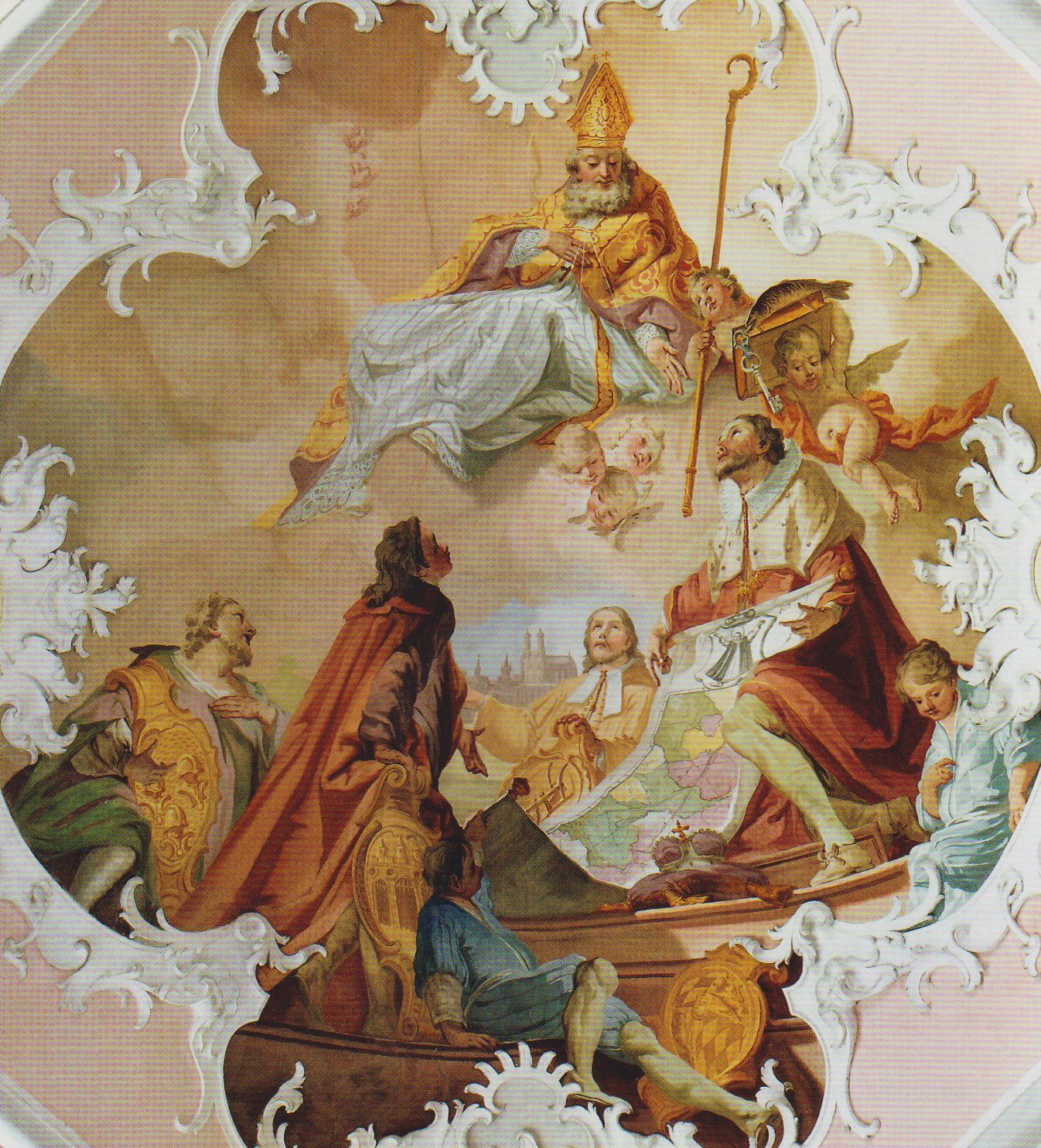 Matthäus Günther: der bayerische Kurfürst und die Stände huldigen Landespatron Benno, um 1750, Deckenfresko in der in der Stiftskirche in Rottenbuch  bei Schongau