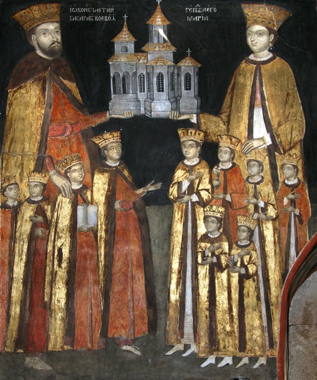 Fresko: Constantin mit seinen vier Söhnen, seiner Frau und sechs (der sieben) Töchtern, im Kloster Mamu in Stănești-Lunca