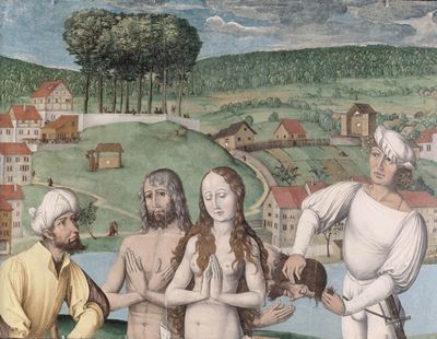 Hans Leu d. Ä.: Martyrium von Exuperantius (rechts), Felix und Regula, Altarbild in der Zwölfbotenkapelle des Großmünsters in Zürich, um 1500