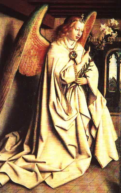 Hubert und Jan van Eyck: Gabriel verkündet Maria die Geburt von Jesus, 1432, Genter Altar in der Bavo-Kathedrale in Gent