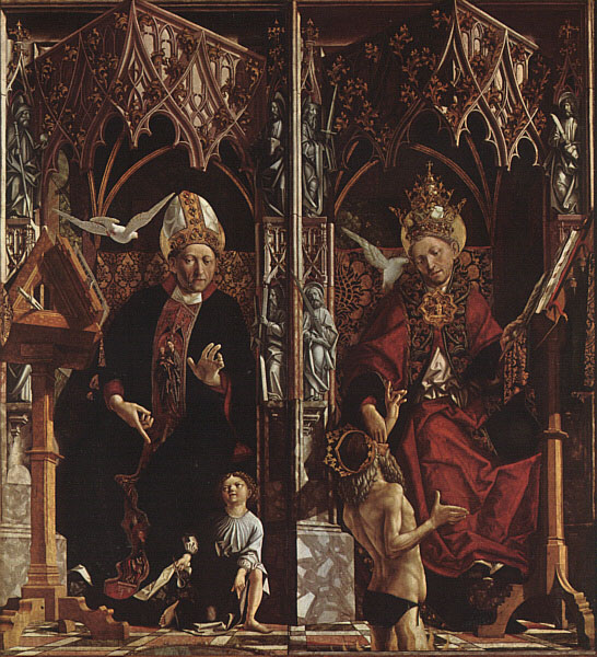 Michael Pacher: Altar der vier lateinischen Kirchenväter - Detail mit Augustinus (links) und Gregor, um 1483, in der Alten Pinakothek in München