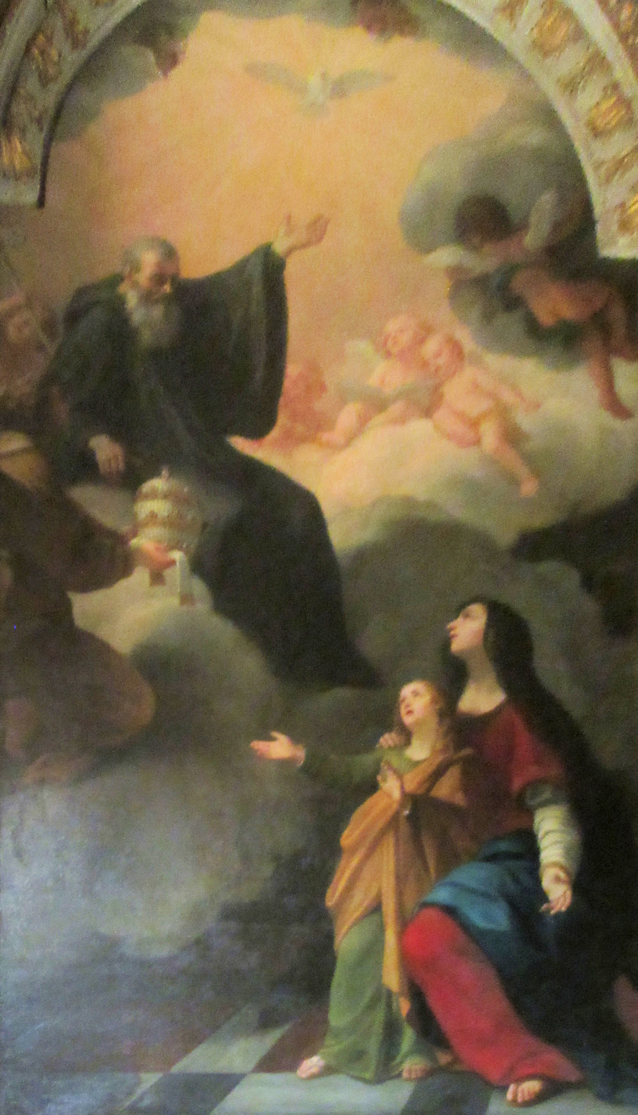 John Parker: Benedikt von Nursia kündigt dem jungen Gregor - in Begleitung seiner Mutter Silvia - das Papsttum an, Altarbild, 1749, in der Kirche San Gregorio Magno al Celio in Rom