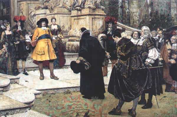 Hugo Vogel: Friedrich Wilhelm von Brandenburg, der 'große Kurfürst', empfängt die aus Frankreich geflohenen Hugenotten im Potsdamer Schloss, Holzstich, 1885