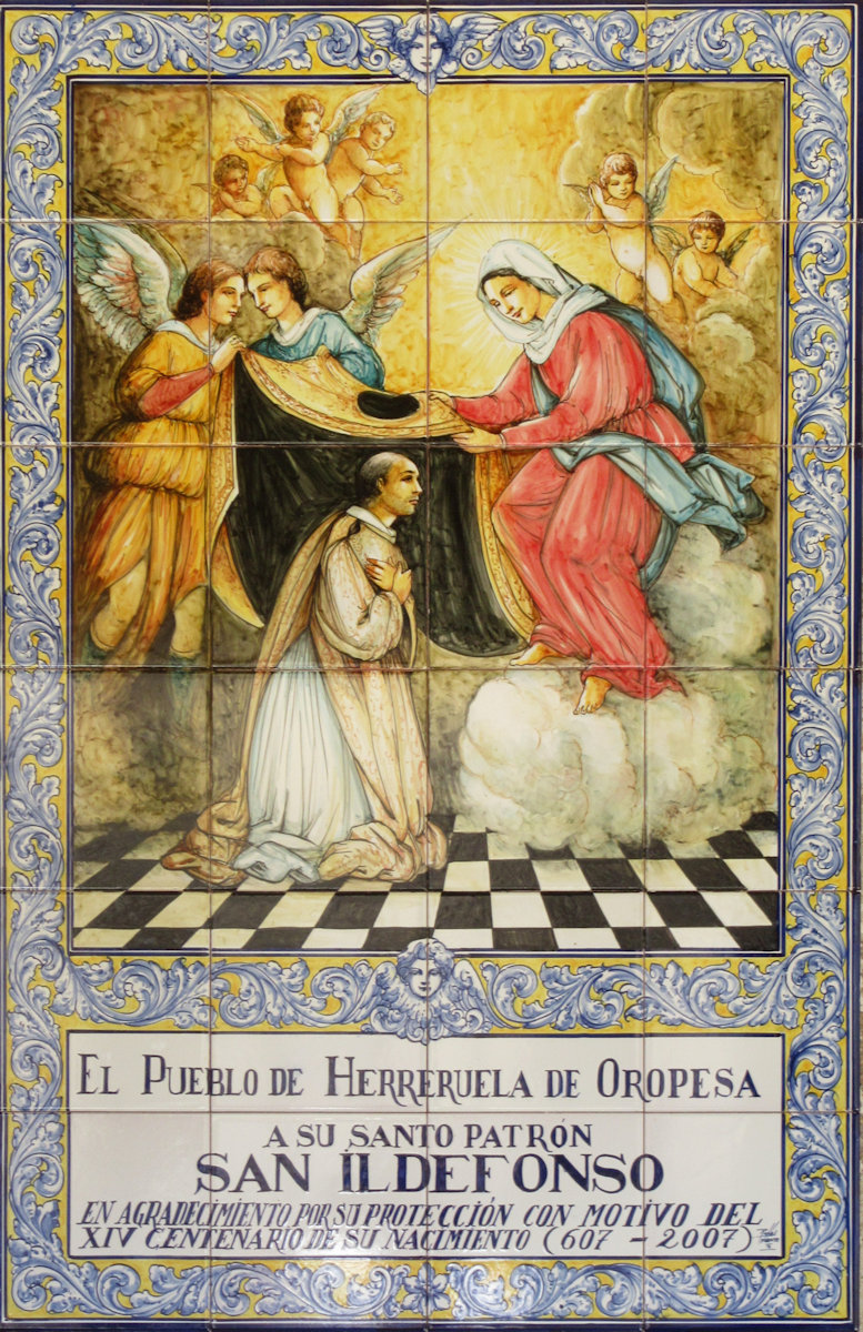 Azulejo: Die Überreichung des Schutzmantels durch Maria, an der Kirche im Dorf Herreruela de Oropesa