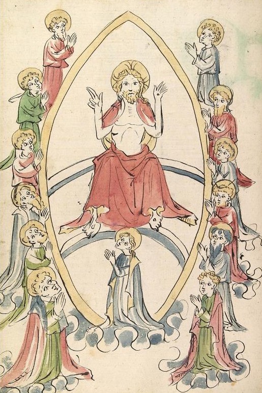 Elsässische Werkstatt von 1418: Der thronende Christus in der Mandorla, Buchmalerei, 1419, in der Universitätsbibliothek in Heidelberg