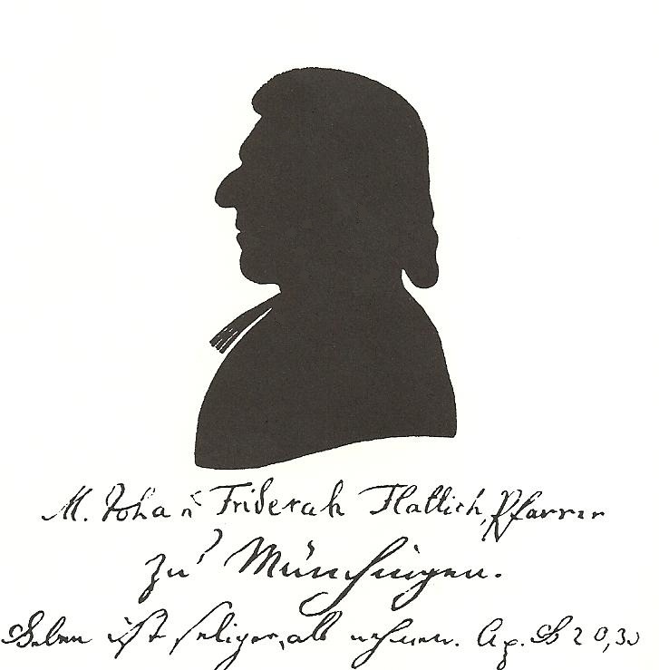 „M(agister) Johann Friderich Flattich, Pfarrer zu Münchingen. Geben ist seliger, als nehmen. A(postel)g(eschichte des) L(ukas) 20, 35”