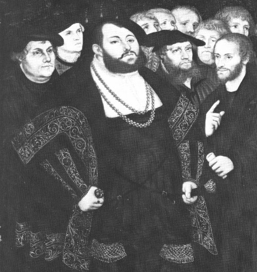 Lukas Cranach der Ältere: Der Kurfürst und Mitarbeiter an der Reformation; von links: Martin Luther, Georg Spalatin (?), Johann Friedrich von Sachsen, ganz rechts: Philipp Melanchthon. Altarfragment (?), um 1532 - 39, im Museum of Art in Toledo in Ohio, USA