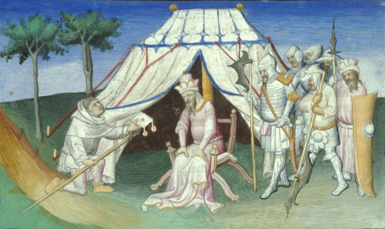 Hethum II. (links) vor Ghazan, dem Khan der Mongolen, bei der Vorbereitung der Schlacht Marj al-Saffar südlich von Damaskus. Aus: „Hayton, Fleur des estoires de la terre d’Orient”, traduit en français par Jean le Long, um 1410, in der Bibliothèque nationale de France in Paris