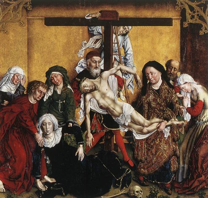 Unbekannter flämischer Meister: Joseph von Arimathaia (direkt über dem Kopf Christi) bei der Kreuzabnahme. Mittelteil eines Trptychons, Altar für Wilhelm Edelheere, 1443, in der Sint-Pieterskerk in Löwen