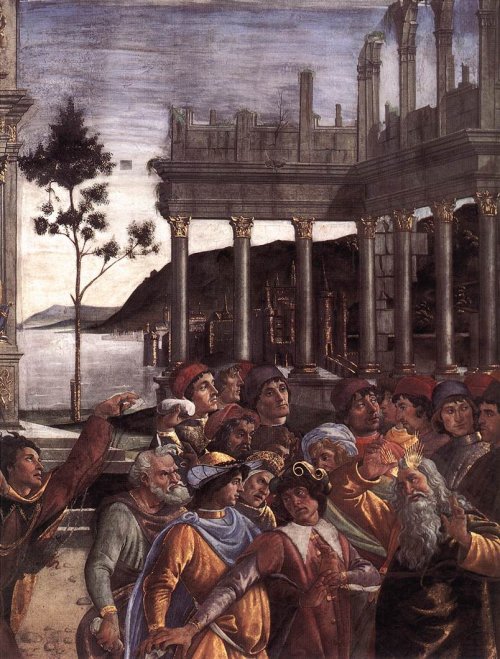 Sandro Botticelli: Die Bestrafung der Sippe Korach (Ausschnitt), 1481 - 82, in der Cappella Sistina im Vatikan: Mose (rechts) wird von den Unzufriedenen angegriffem, Josua (im roten Mantel) hält sie zurück