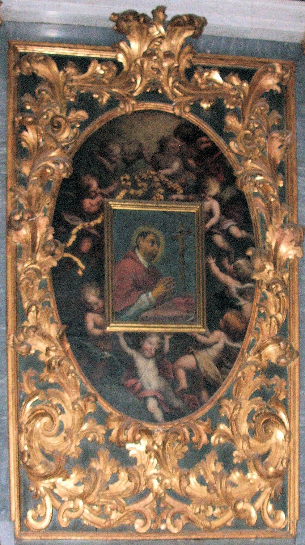 Bild des betenden Karl Borromäus, hinter dem sich ein wunderkräftiges Bild versteckt, das 1630 während einer Pestepidemie schwitzte und weinte, in der Kollegiatskirche San Leonardo in Verbania, Ortsteil Palanza