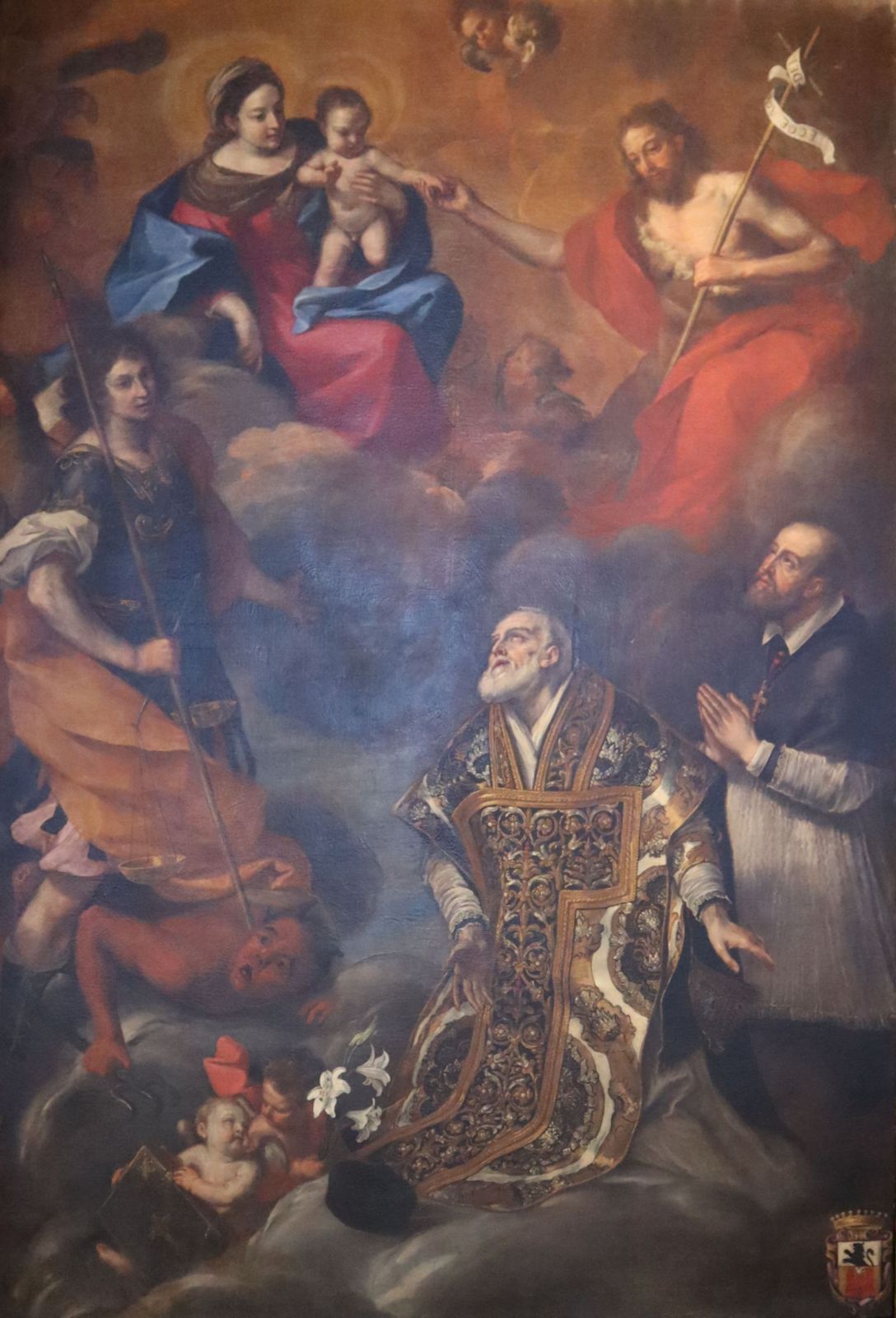 Bartolomeo Garavoglia: Karl Borromäus (rechts) und Amadeus IX. von Savoyen (halbrechts) vor dem Erzengel Michael, Maria und Johannes dem Täufer, Altarbild, 1655, im Dom in Turin