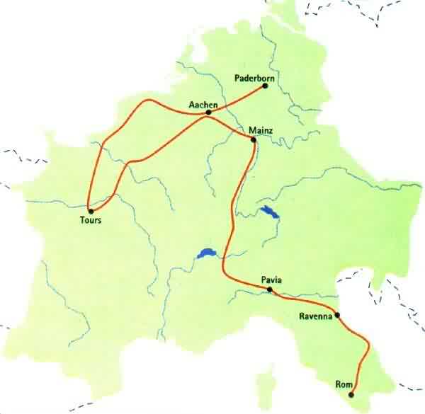 Das Reich von Karl und sein Reiseweg zur Kaiserkrönung in Rom