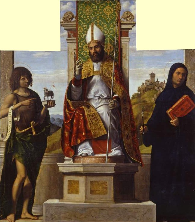 Giovanni Battista Cima da Conegliano: Lanfranc thronend zwischen Johannes dem Täufer und == Liberius, um 1515 - 1516, ursprünglich in der Kirche S. Maria dei Crociferi in Venedig, heute im Fitzwilliam Museum in Cambridge