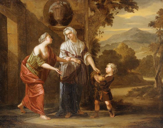 Arnold Houbraken: Lea wird von ihrer Schwester um die von Ruben gesammelten Alraunen gebeten, 1700, Privatbesitz