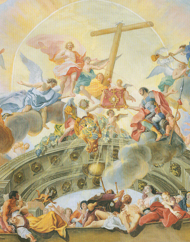 Cosmas Damian Asam: Christus als Auferstandener spritzt sein Blut auf Longinus, in der Mitte die Weingartener Heilig-Blut-Reliquie, 1718 - 20, in der Basilika des Klosters in Weingarten