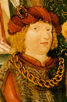 Johann von der Leyten: Ludwig, um 1511, Detail aus dem linken Flügel des Elisabethaltars in der Elisabethkirche in Marburg