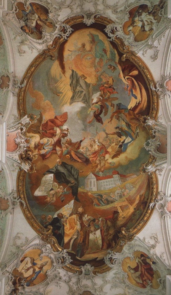 Johann Michael Holzhey: Deckenfresko mit den Stiftern (unten), Abt Mangoldus mit Bauplan (Mitte), darüber die Kirchenpatrone Georg und Jakobus der Ältere, 1757 - 1759, in der ehemaligen Kloster- und jetzigen Pfarrkirche in Isny