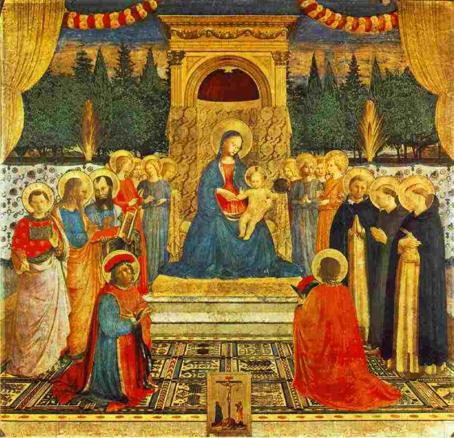 Fra Angelico: Maria mit dem Jesuskind, umringt von Heiligen, mit Hinweis auf die Kreuzigung, 1438 - 40, im Museum von San Marco in Florenz