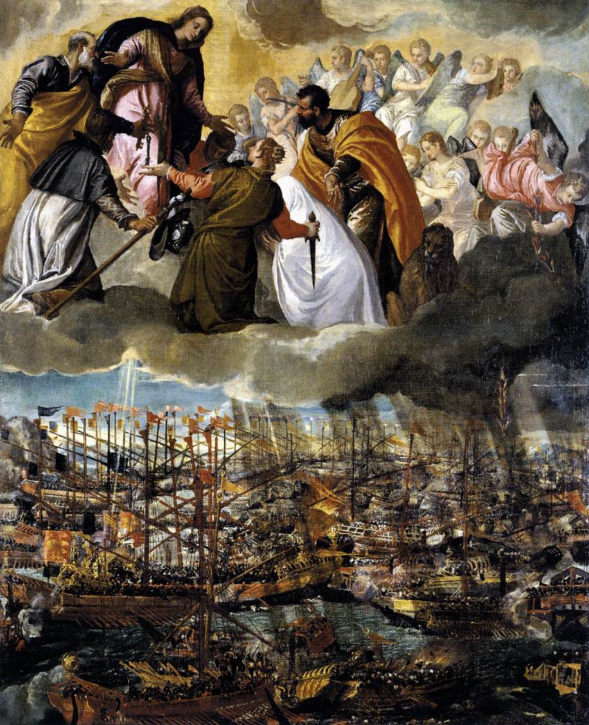 Paolo Veronese: Die Schlacht von Lepanto. Im Himmel bitten Petrus, Rochus, Justina von Padua und Markus Maria um Hilfe zum Sieg, während rechts ein Engel brennende Pfeile auf die Türken wirft. Altarbild, um 1572, Gallerie dell'Accademia in Venedig