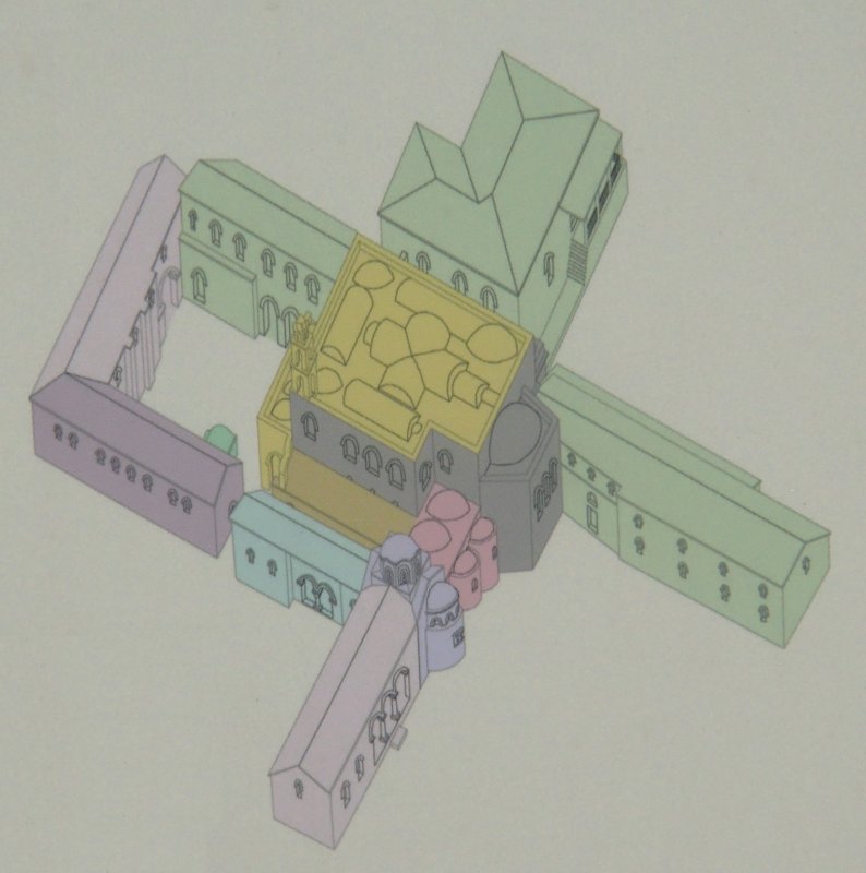 Die Nikolaus-Basilika. grau: Apsis und Seitenwand aus dem 9./10. Jahrhundert, rot und braun: Anbauten aus dem 11. Jahrhundert, blau und hellblau: Anbauten aus dem 12. Jahrhundert, hellgrün: Anbauten aus dem 11./12. Jahrhundert, grün: von 1118, hell- und dunkelviolett: Anbauten aus dem 13. Jahrhundert, gelb: Schiff, Vorbau und Türmchen aus dem 18. Jahrhundert