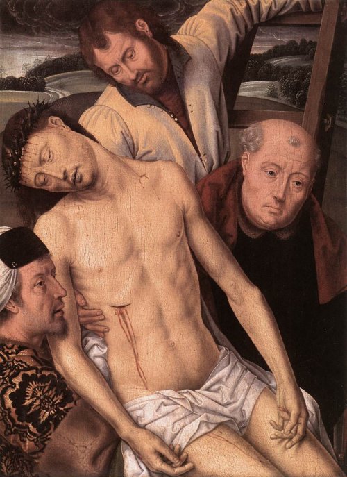 Hans Memling: Grablegung Jesu mit Nikodemus (links), Joseph von Arimathaia (rechts) und - nach dem Vorbild anderer Memling-Altarbilder - Andreas (hinten). Linker Flügel eines Altars, nach 1490, Groeninge Museum in Brügge