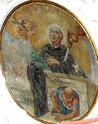 Nonnosus mit einem Pilger, der unter dem Grab hindurchschlüpft. Bild an der Kanzelrückwand der Kirche in Unterweikertshofen bei Dachau in Bayern, nach 1700