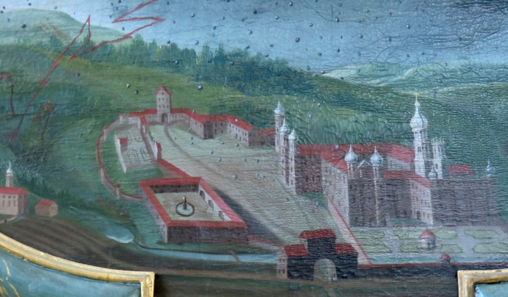 Altarbild: Kloster Rot an der Rot mit der Kirche des ehemaligen Frauenkonvents (ganz links), nach 1720, in der Kirche des ehemaligen Frauenkonvents