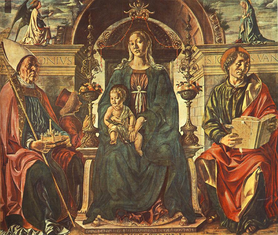 Francesco del Cossa: Petronius (links), Maria mit dem Jesuskind und Ignatius von Loyola, 1474, in der Pinacoteca Nazionale in Bologna