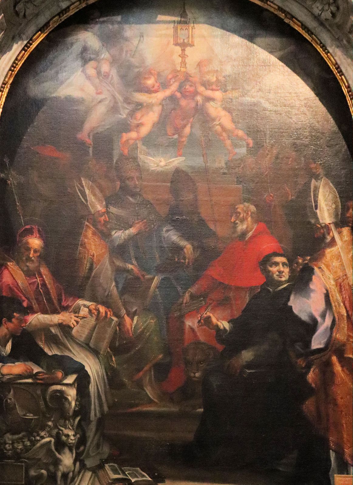 Francesco Vanni: Disputation über die Sakramente mit (von links): Pius V. (?), Ambrosius von Mailand, Gregor „dem Großen”, Augustinus, Hieronymus, Thomas von Aquin und Nikolaus von Myra, um 1608,, in der Kathedrale in Pisa