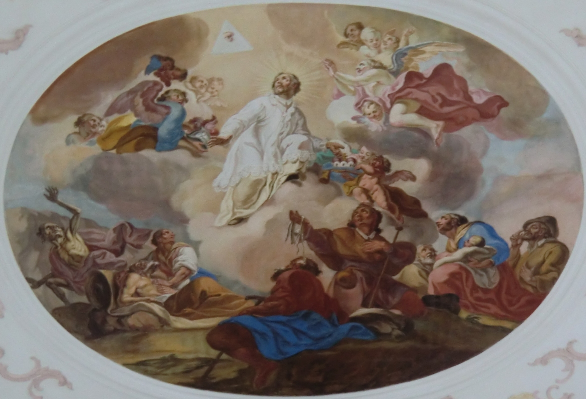 Joseph Hartmann: Rasso als Fürbitter für Kranke, Deckenfresko, 1747, in der Wallfahrtskirche in Untergammenried