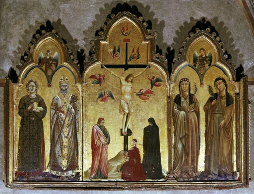 Altarbild: Kreuzigungsszene mit den Stiftern des Altares: im linken Flügel Agnes von Assisi und Rufinus, im rechten Klara von Assisi und Agnes von Böhmen, 1350, in der Kirche S. Chiara in Assisi