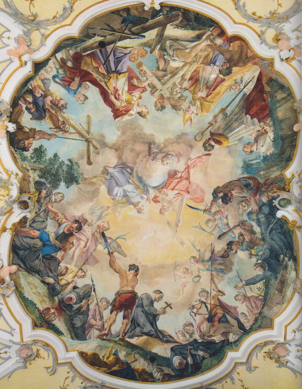 Matthäus Günther: Thientos Martyrium (unten) und die Kreuzauffindung durch Kaisermutter Helena, Deckenfresko, 1771, in der Kreuzbergkapelle bei Wessobrunn