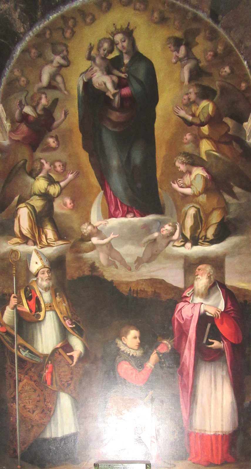 Marcello Venusti:  Ubald (links) und Hieronymus vor Maria, um 1550, in der Kirche Santa Maria della Pace in Rom