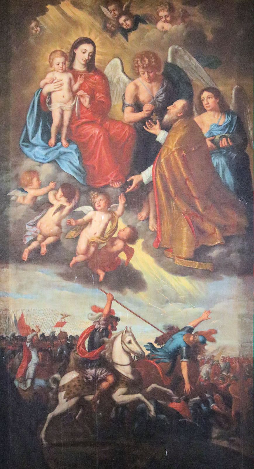 Simon Bernhard: Ulrich erbittet von Maria Hilfe bei der Schlacht auf dem Lechfeld, 1681, Hochaltarbild in der Kirche des ehemaligen Stiftes in Habach bei Weilheim in Oberbayern