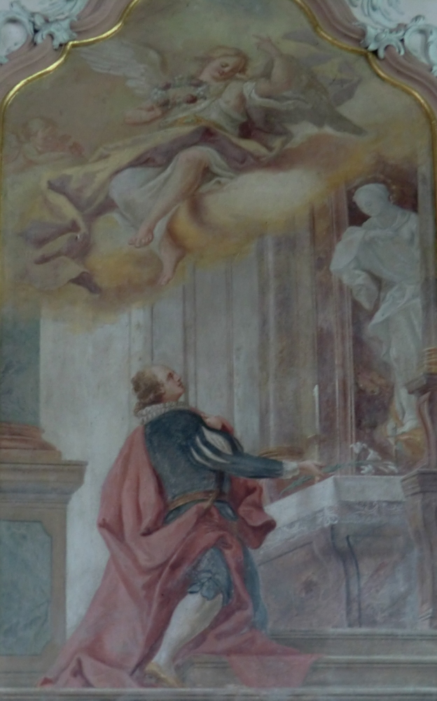 Franz Ludwig Herrmann: Ulrich weiht sein Leben der Gottesmutter, Wandfresko, 1767, Deckenfresko in der Kirche des Klosters St. Ulrich