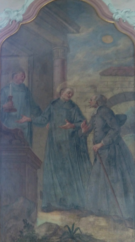 Franz Ludwig Herrmann: Ulrich empfängt im Kloster Rüeggisberg gastfreundlich einen gegnerischen Weltpriester, 1767, Deckenfresko in der Kirche des Klosters St. Ulrich