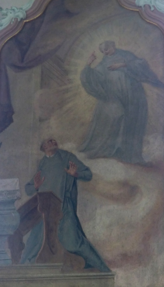 Franz Ludwig Herrmann: Ulrich erscheint nach seinem Tod dem Mitbruder Kuno, Wandfresko, 1767, Deckenfresko in der Kirche des Klosters St. Ulrich