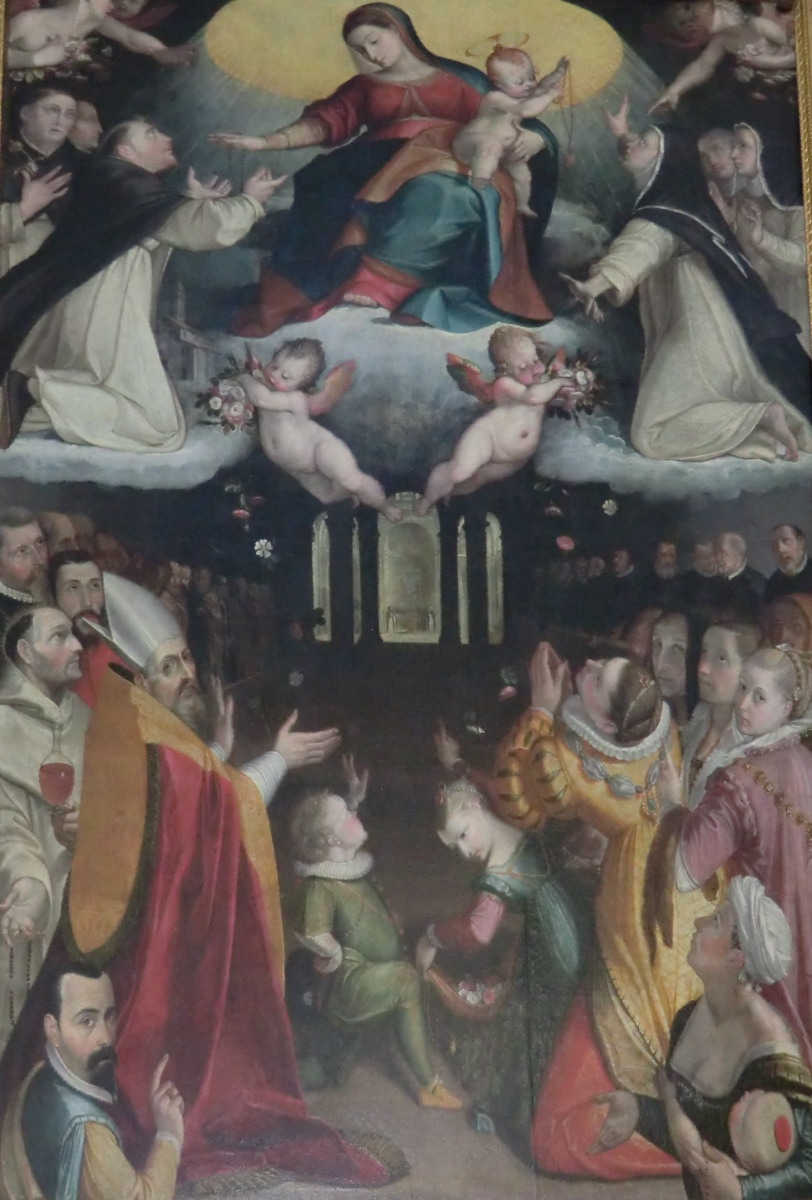 Ascensidonio Spacca, genannt il Fantino: Rosenkranz-Madonna mit Dominikus, Katharina von Siena und anderen dominikanischen Heiligen im Himmel, auf Erden Vincentius (links) und == Jakob Bianconi, um 1600, in der Kirche San Domenico in Bevagna