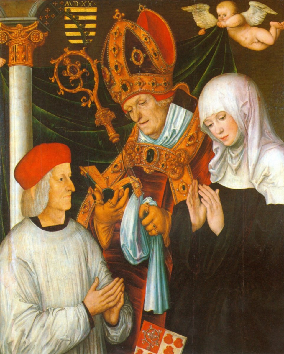 Lukas Cranach der Ältere: Willibald mit Walburga, verehrt vom Eichstätter Fürstbischof Gabriel von Eyb (links unten), 1520, Sammlung der Museen der Stadt Bamberg in der Neuen Residenz